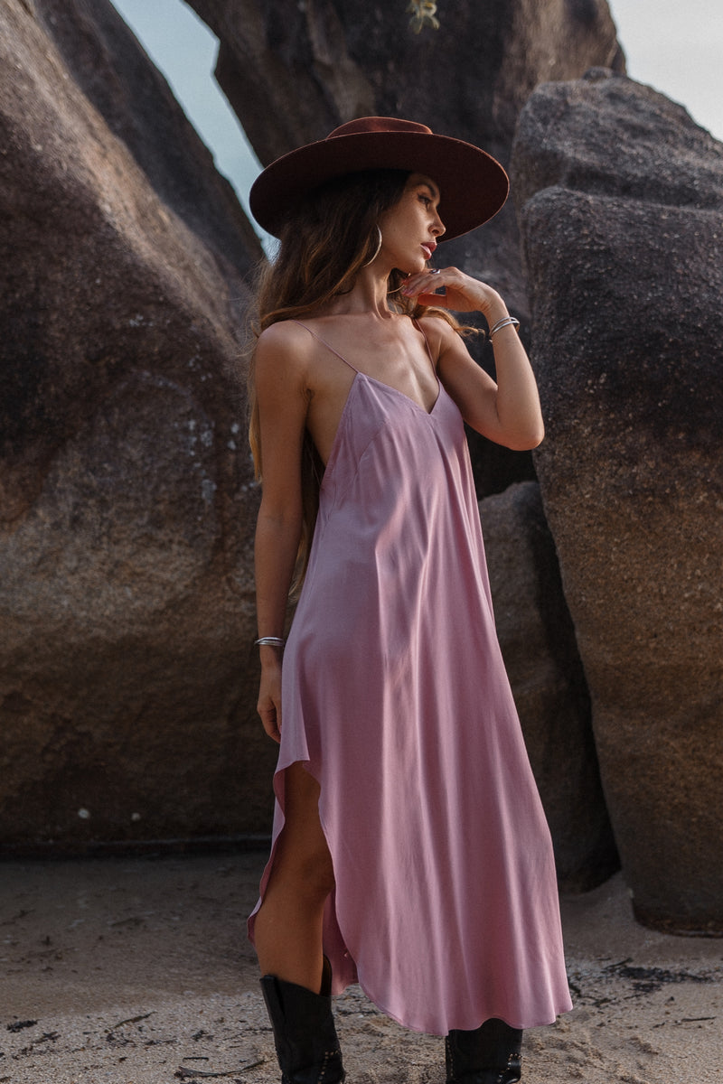 Midi dirty pink slip dress with open back