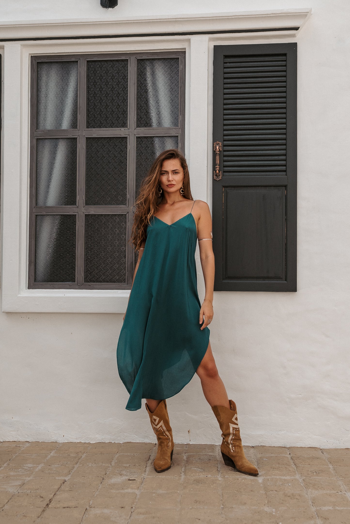 Women turquoise midi slip dress