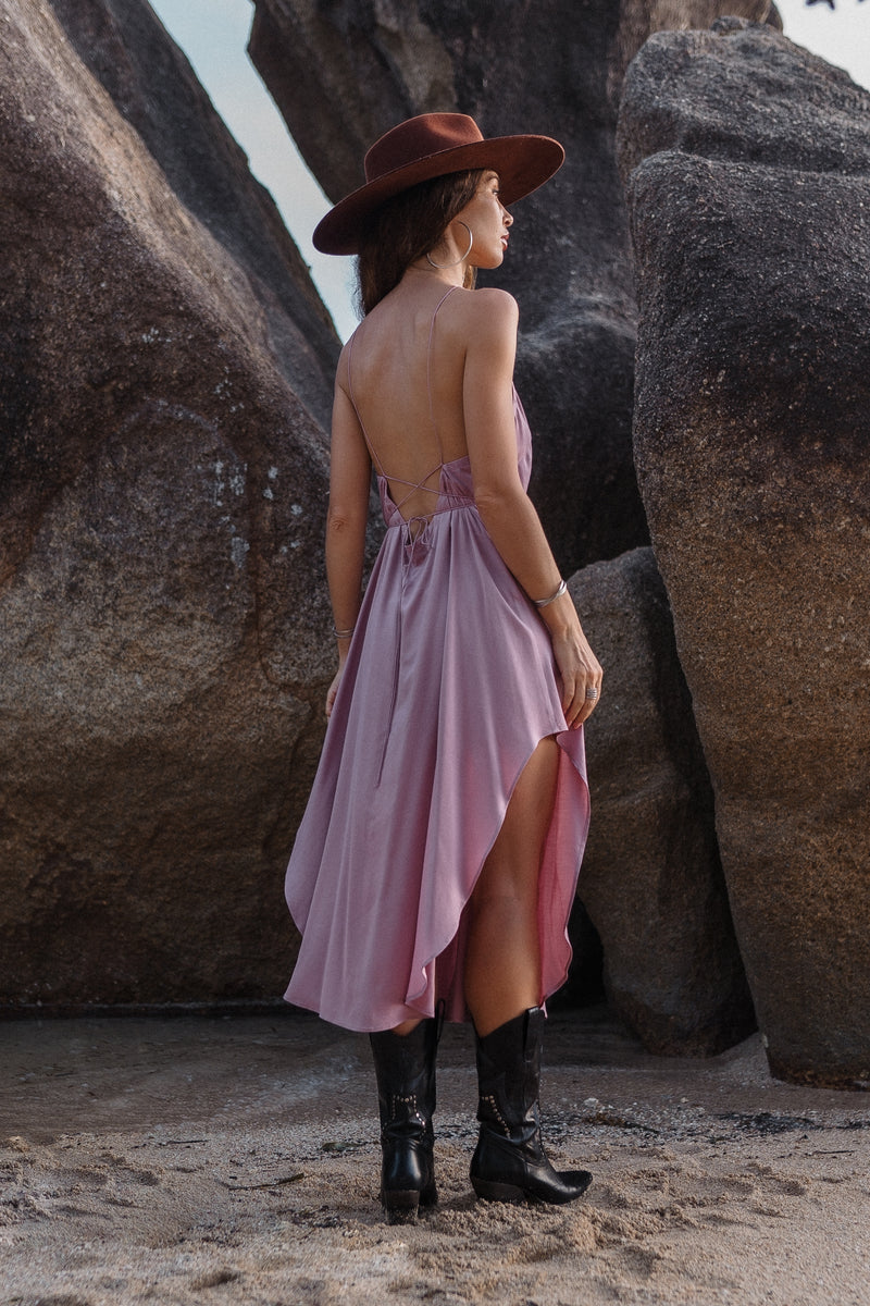 Midi dirty pink slip dress with open back