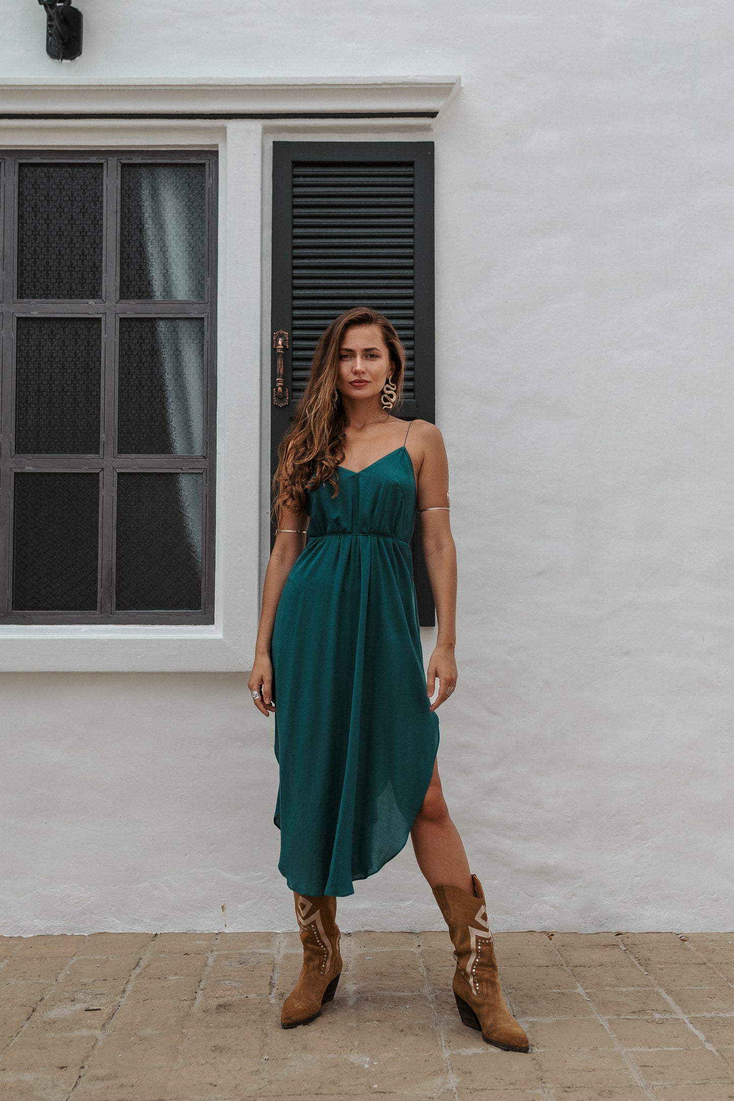 Women turquoise midi slip dress
