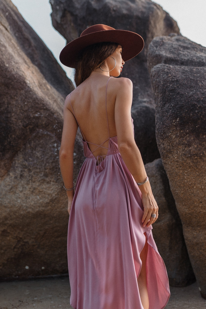 Midi dirty pink slip dress with open back