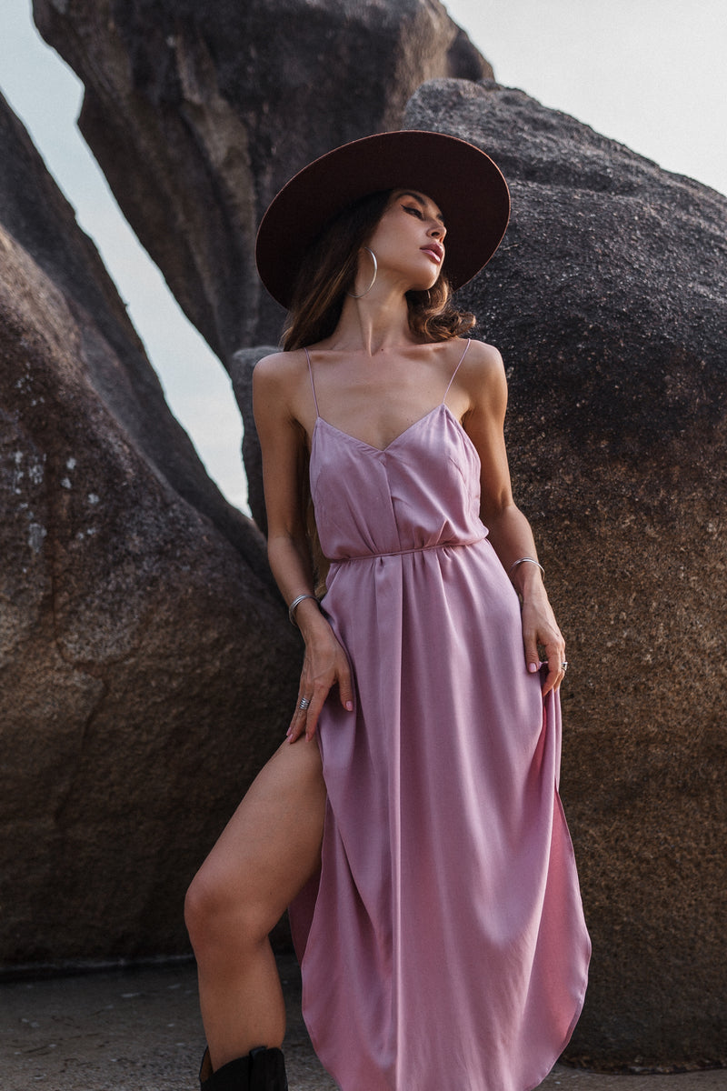 Midi dirty pink slip dress with open back