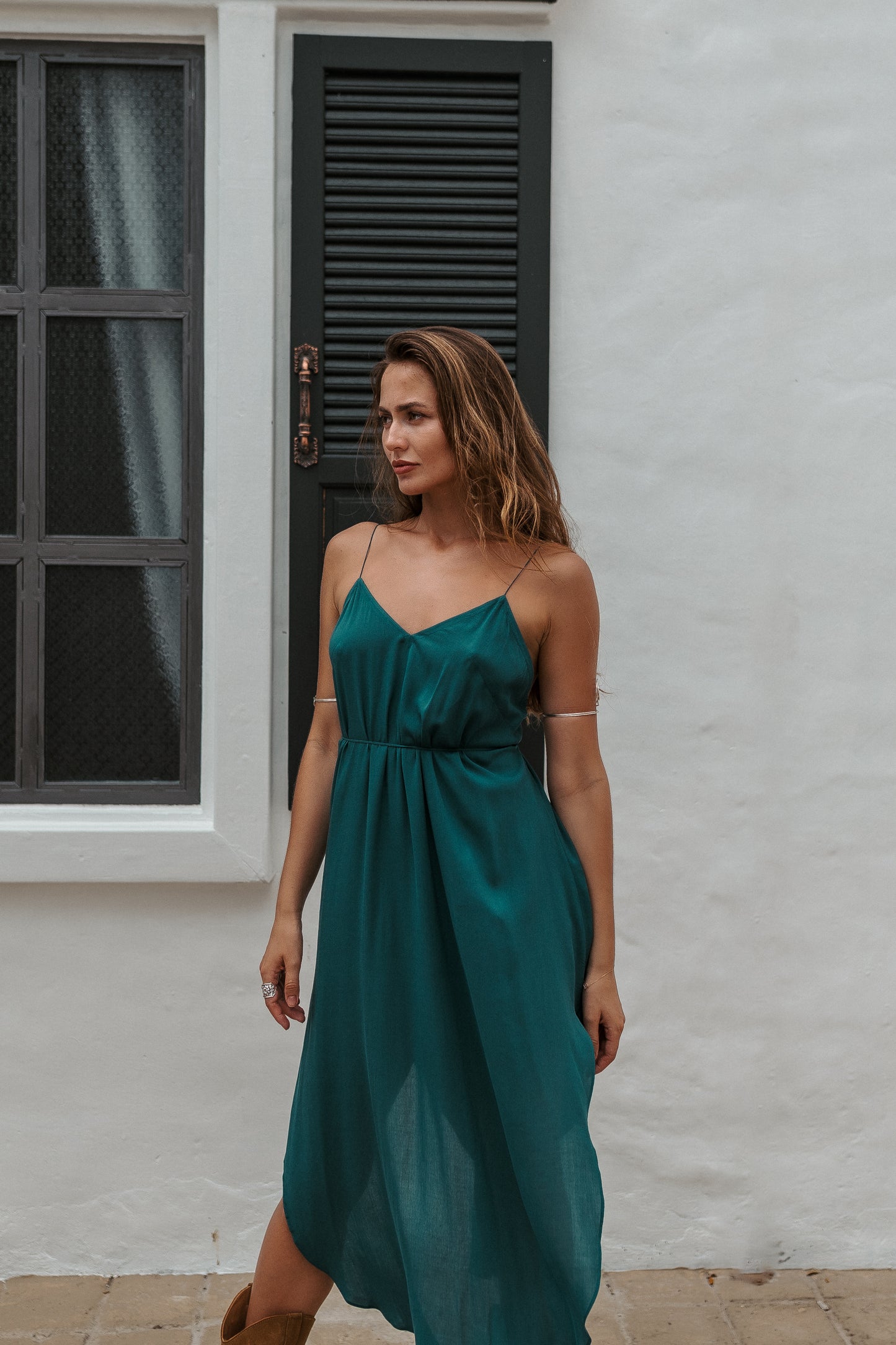 Women turquoise midi slip dress
