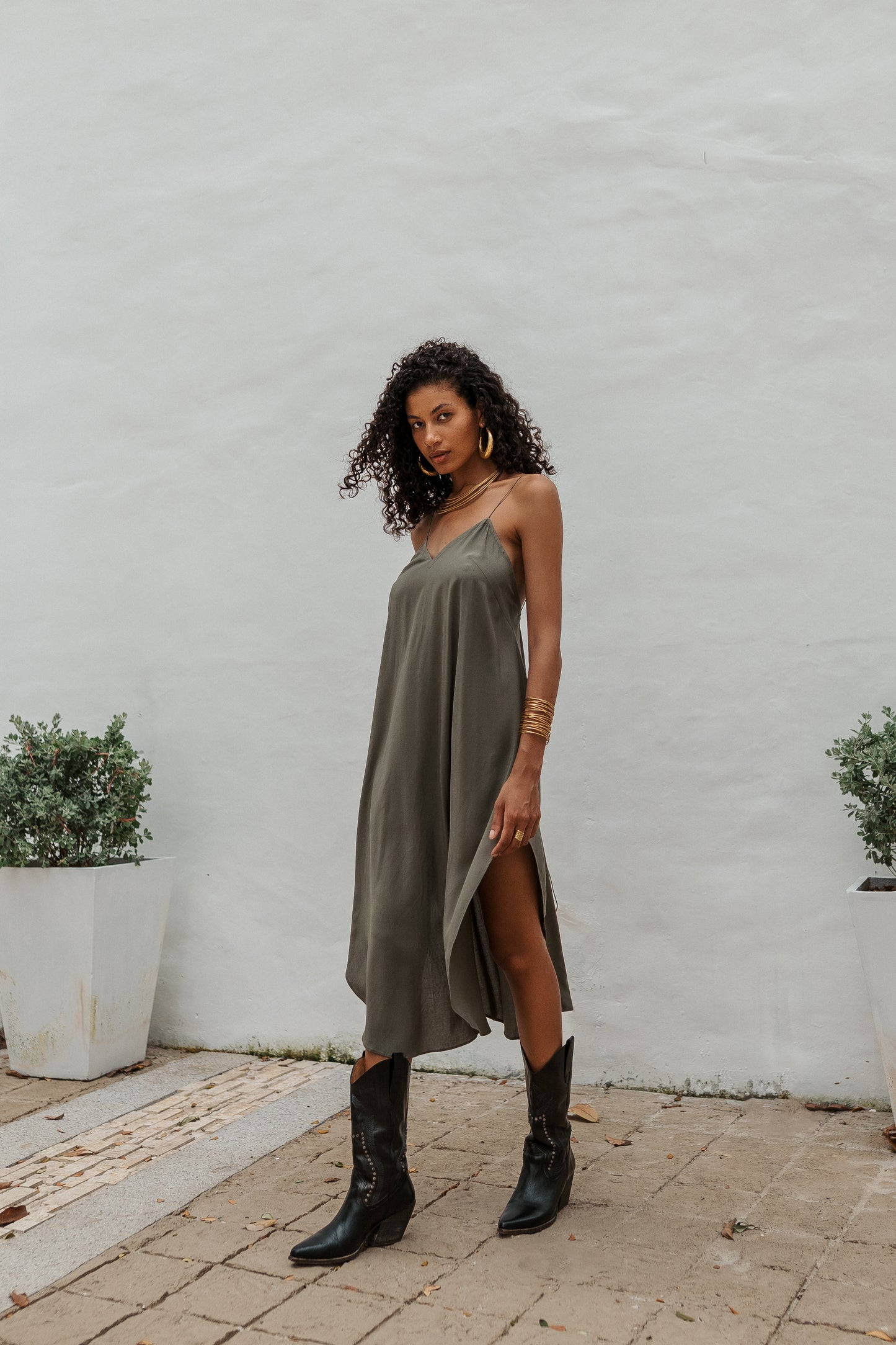 Women khaki midi slip dress