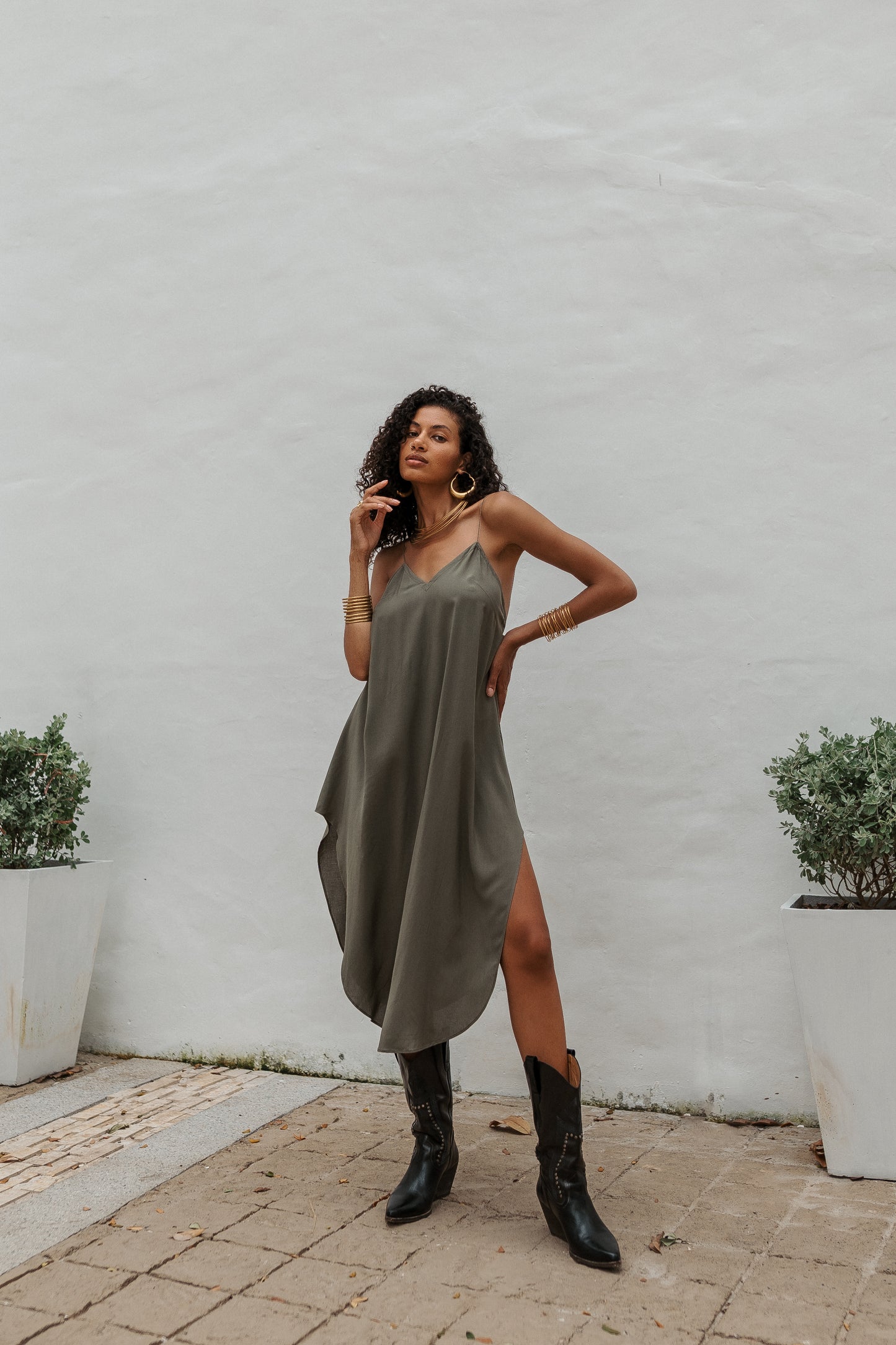 Women khaki midi slip dress