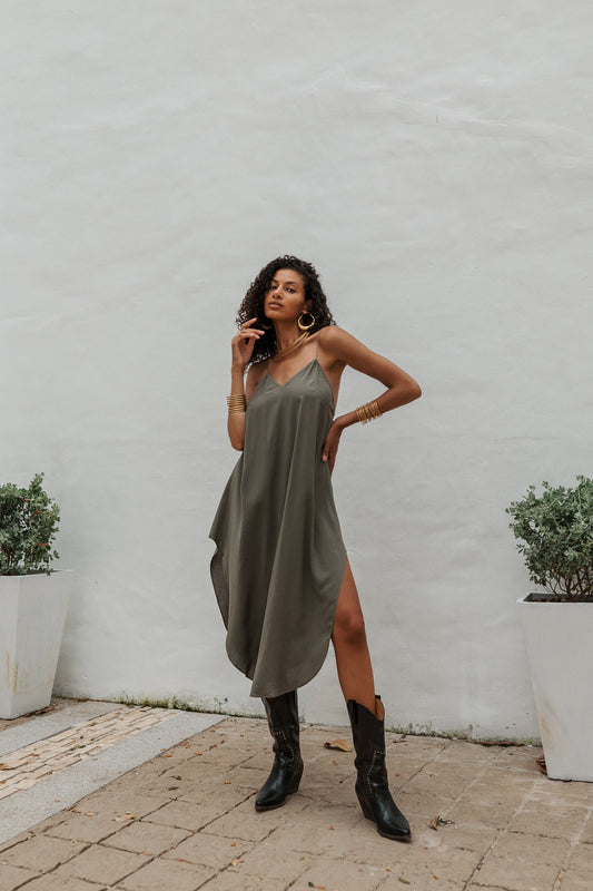 Women khaki midi slip dress