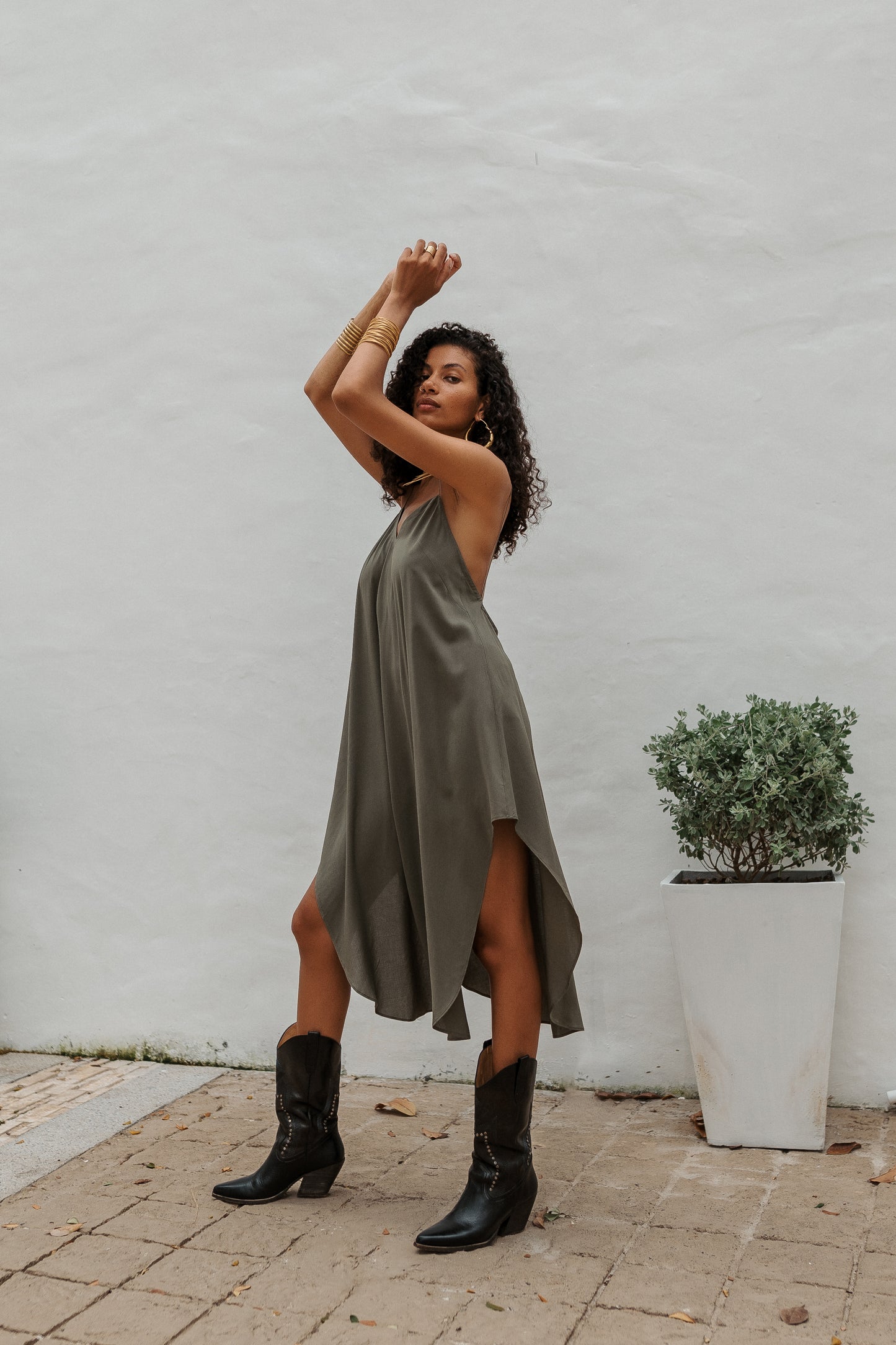 Women khaki midi slip dress