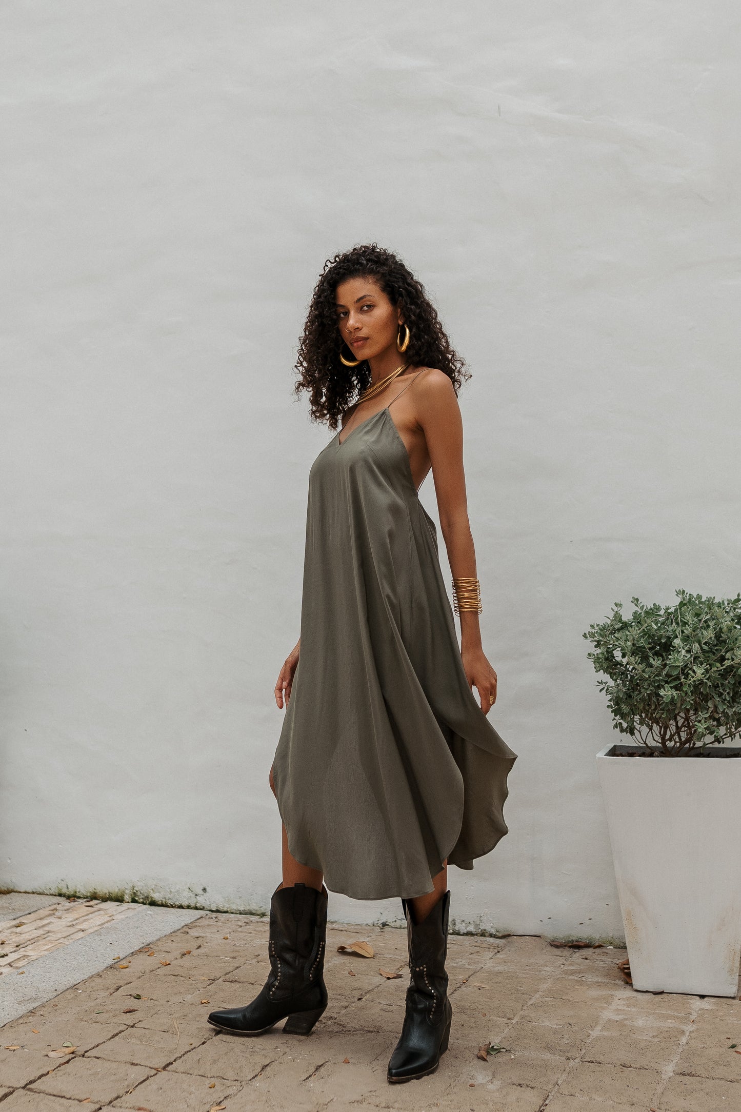 Women khaki midi slip dress