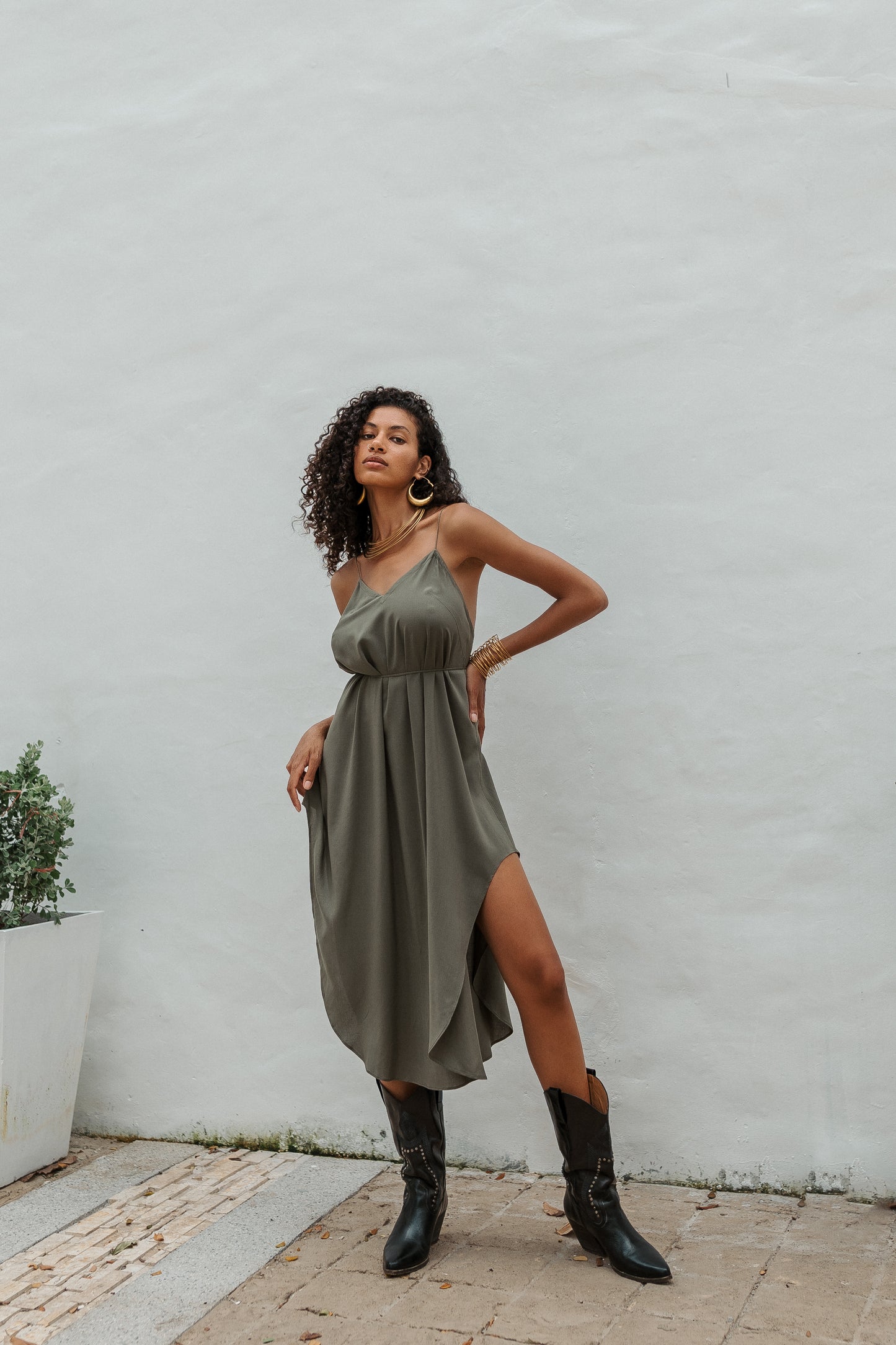 Women khaki midi slip dress