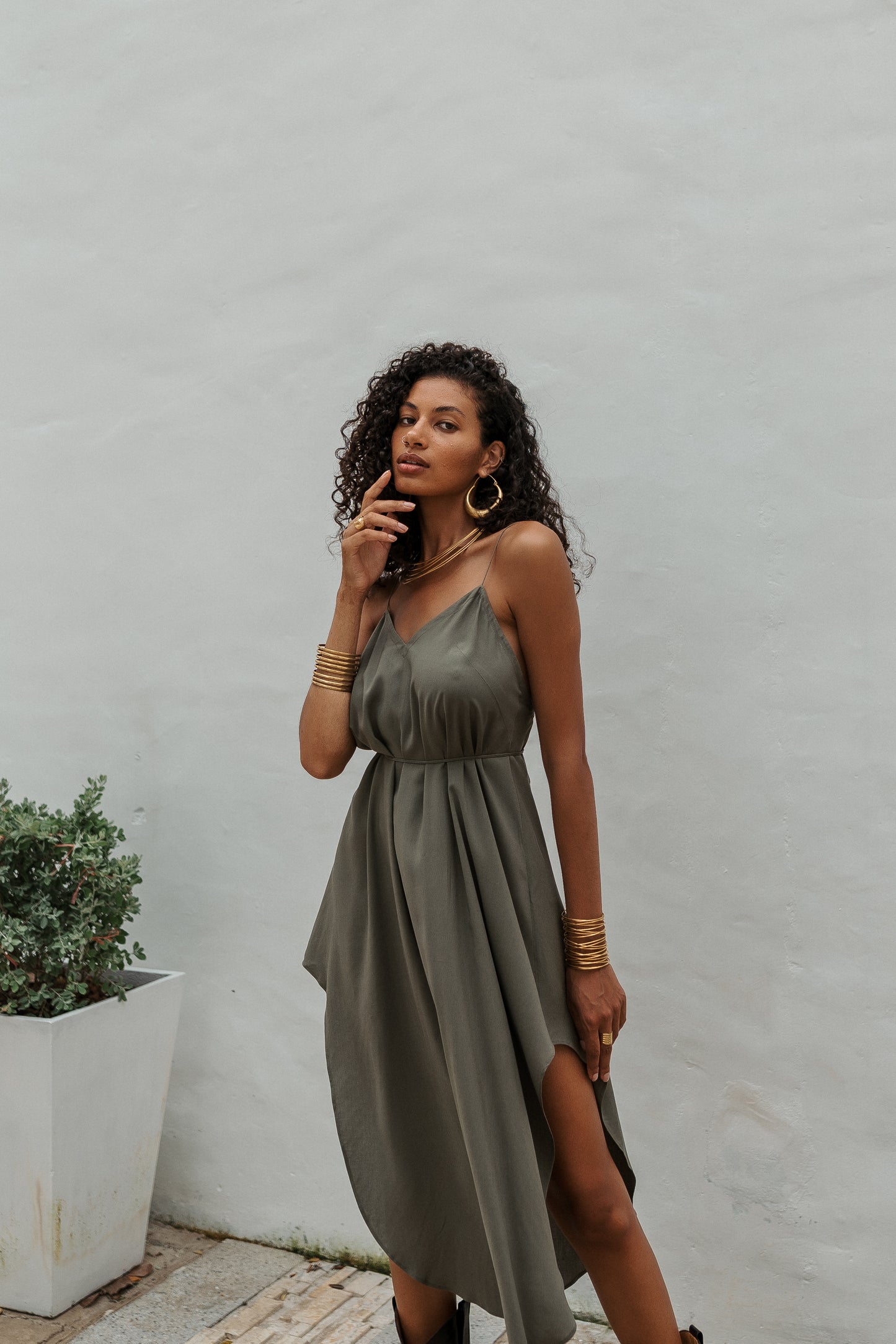 Women khaki midi slip dress
