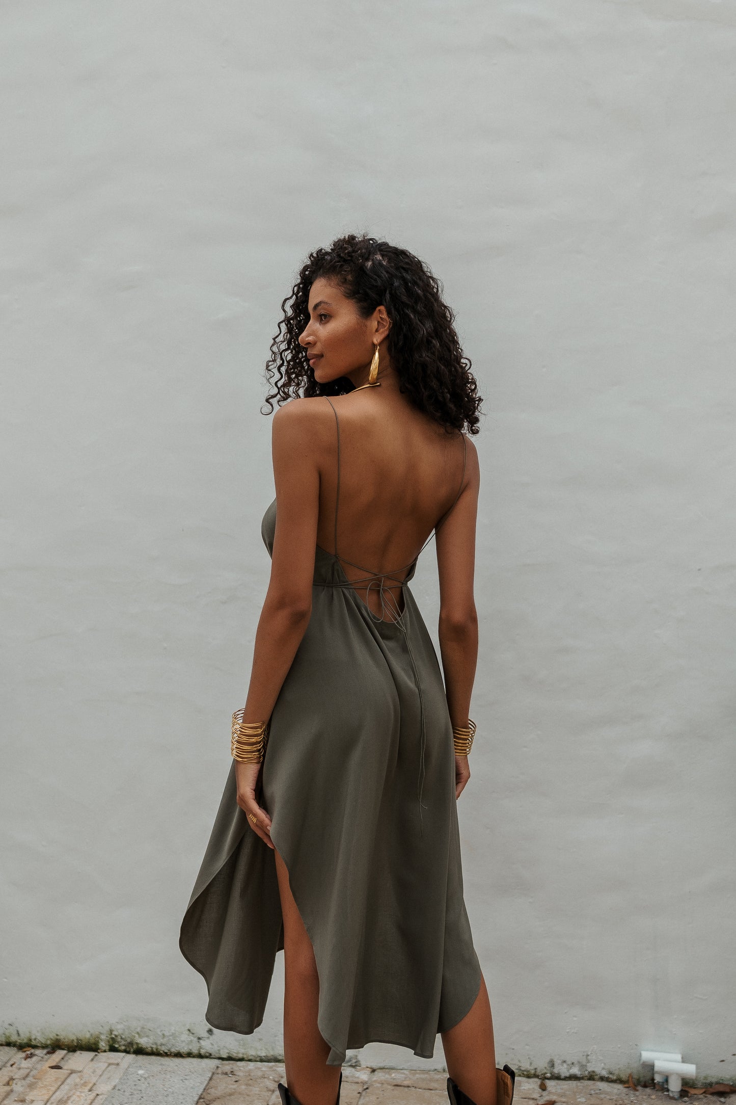 Women khaki midi slip dress