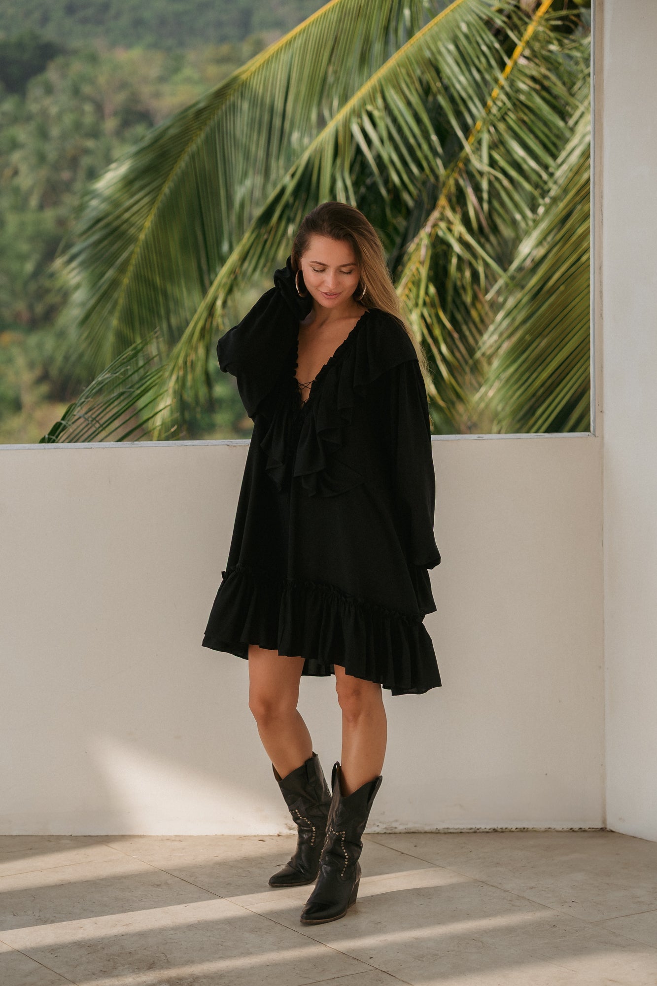 Aeris Mini Kaftan Dress – Black