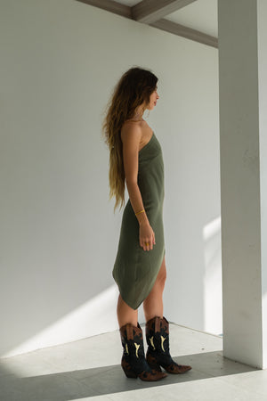 Zoe Khaki Asymmetric One-Shoulder Mini Dress