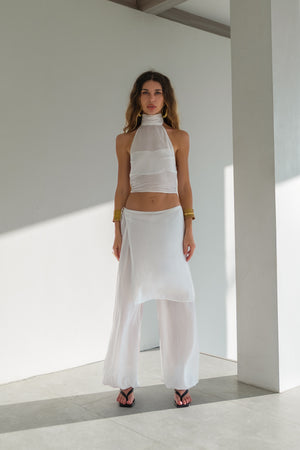 White Viscose Pants Set with Wrap Skirt — Aladdin or Palazzo Trousers