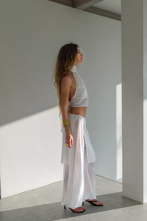 White Viscose Pants Set with Wrap Skirt — Aladdin or Palazzo Trousers
