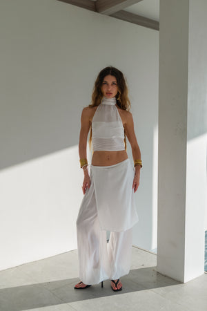 White Viscose Pants Set with Wrap Skirt — Aladdin or Palazzo Trousers