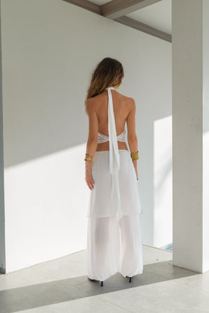 White Viscose Pants Set with Wrap Skirt — Aladdin or Palazzo Trousers