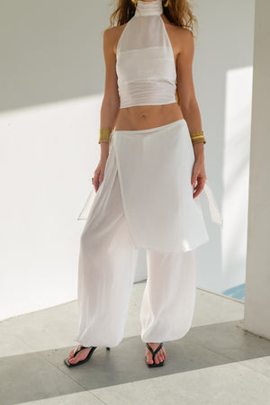 White Viscose Pants Set with Wrap Skirt — Aladdin or Palazzo Trousers