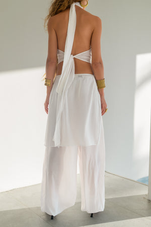White Viscose Pants Set with Wrap Skirt — Aladdin or Palazzo Trousers