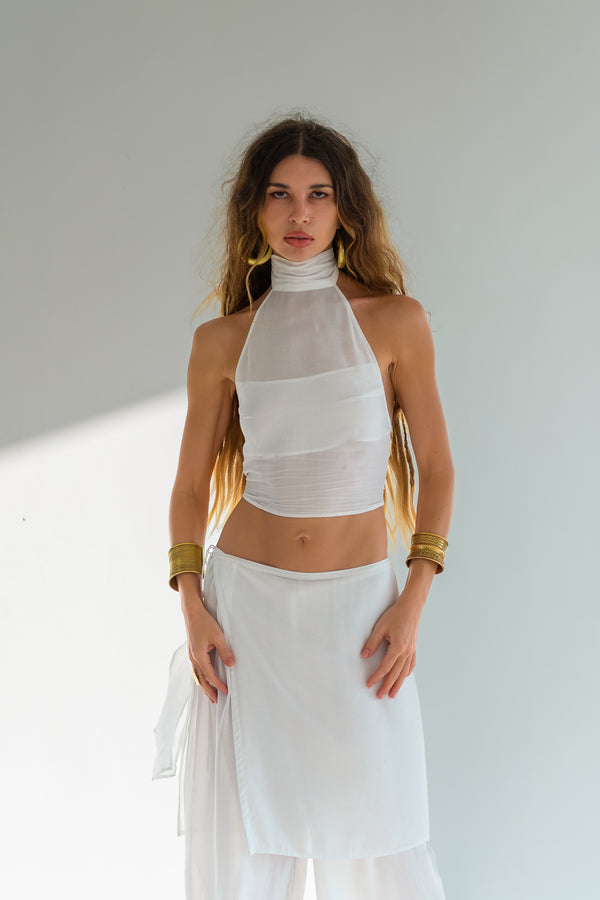 Sia High Neck Halter Crop Top - Open Back Viscose Jersey