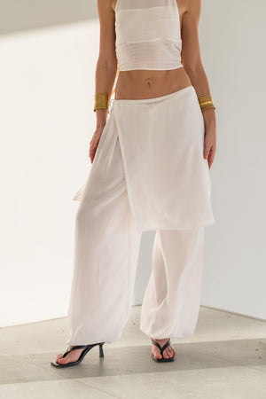 White Viscose Pants Set with Wrap Skirt — Aladdin or Palazzo Trousers