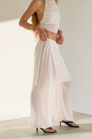 White Viscose Pants Set with Wrap Skirt — Aladdin or Palazzo Trousers