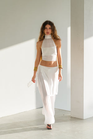 White Viscose Pants Set with Wrap Skirt — Aladdin or Palazzo Trousers