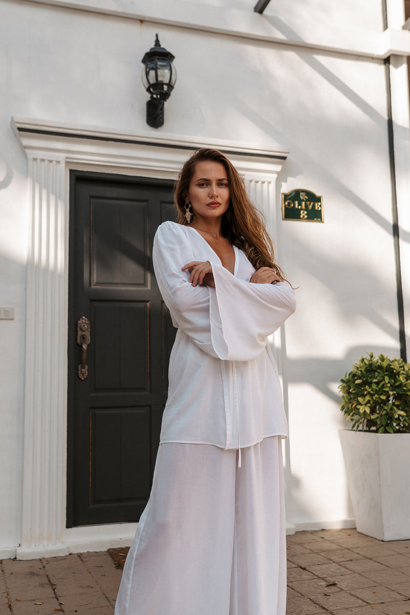 Women white kimono with flared sleeves