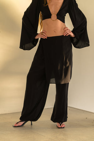 Black Viscose Pants Set with Wrap Skirt — Aladdin or Palazzo Trousers