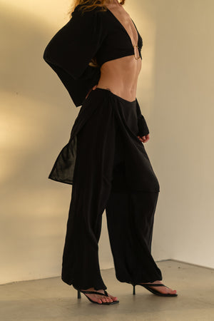 Black Viscose Pants Set with Wrap Skirt — Aladdin or Palazzo Trousers