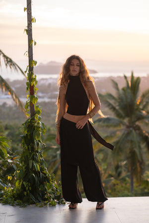 Black Viscose Pants Set with Wrap Skirt — Aladdin or Palazzo Trousers