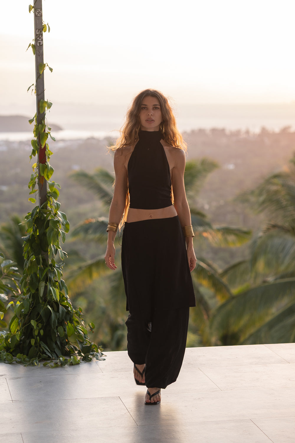 Black Viscose Pants Set with Wrap Skirt — Aladdin or Palazzo Trousers