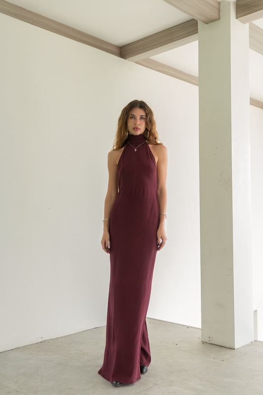 Sia Burgundy Maxi Viscose Dress — High Neck & Open Back