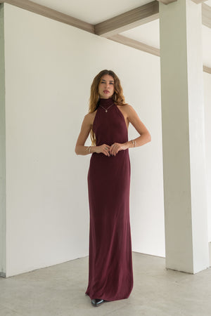 Sia Burgundy Maxi Viscose Dress — High Neck & Open Back