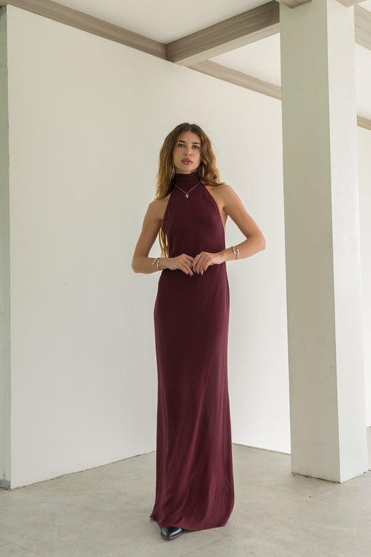 Sia Burgundy Maxi Viscose Dress — High Neck & Open Back