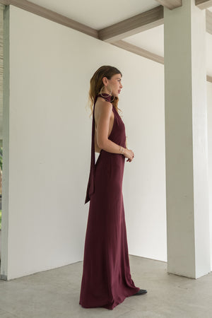 Sia Burgundy Maxi Viscose Dress — High Neck & Open Back