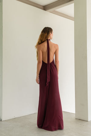 Sia Burgundy Maxi Viscose Dress — High Neck & Open Back