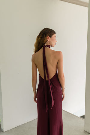 Sia Burgundy Maxi Viscose Dress — High Neck & Open Back