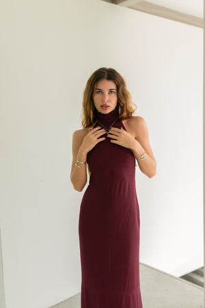 Sia Burgundy Maxi Viscose Dress — High Neck & Open Back