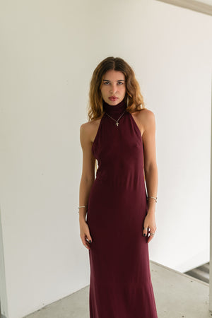 Sia Burgundy Maxi Viscose Dress — High Neck & Open Back