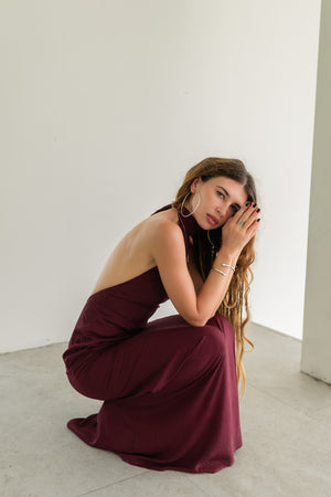 Sia Burgundy Maxi Viscose Dress — High Neck & Open Back