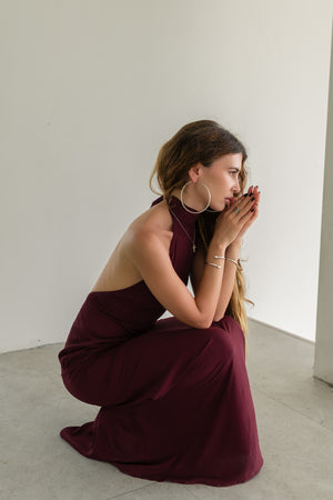 Sia Burgundy Maxi Viscose Dress — High Neck & Open Back