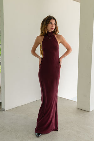Sia Burgundy Maxi Viscose Dress — High Neck & Open Back