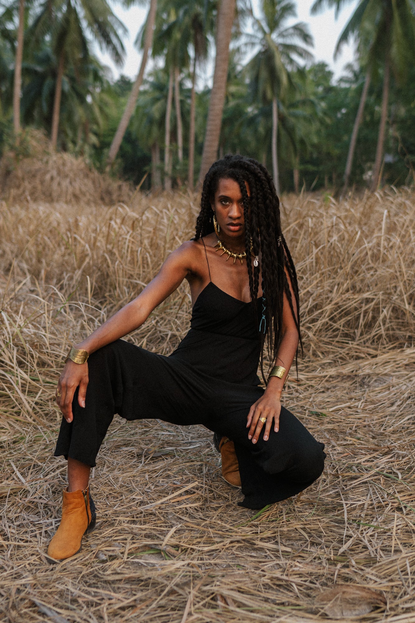 Women black jumpsuit with open back