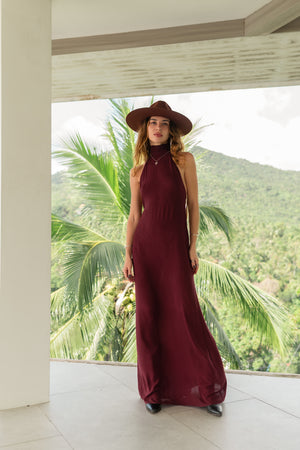 Sia Burgundy Maxi Viscose Dress — High Neck & Open Back