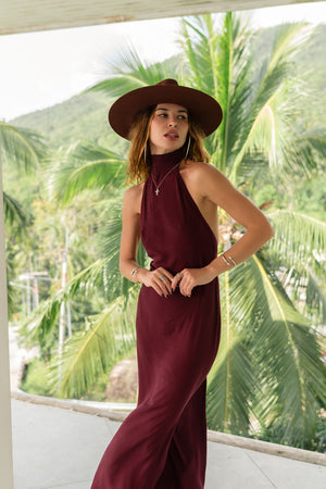 Sia Burgundy Maxi Viscose Dress — High Neck & Open Back