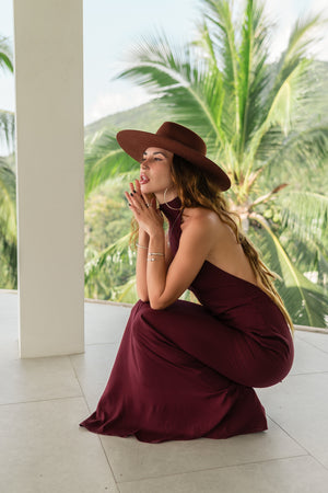 Sia Burgundy Maxi Viscose Dress — High Neck & Open Back