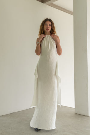 Eva Dress — Open Back Halter Maxi Dress in Textured White Cotton
