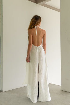Eva Dress — Open Back Halter Maxi Dress in Textured White Cotton