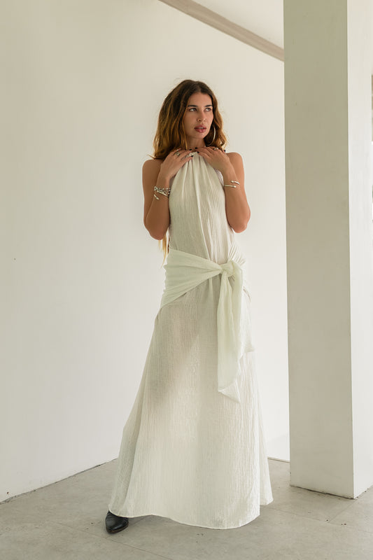Eva Dress — Open Back Halter Maxi Dress in Textured White Cotton